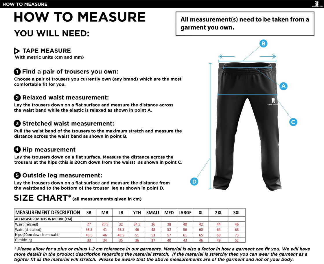 KIRKBY IN FURNESS CC Rip Stop Track Pant : Navy - Size Guide