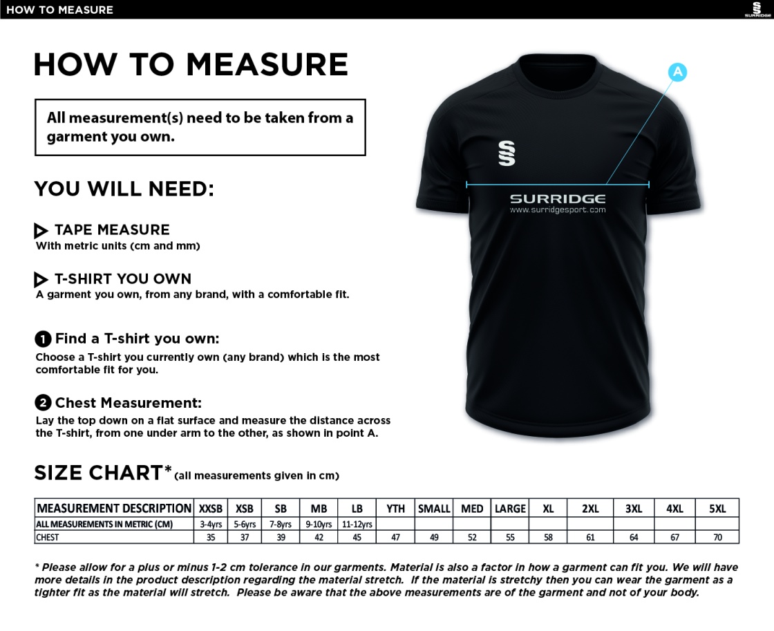 Kirkby In Furness CC - Dual Training Shirt - Size Guide